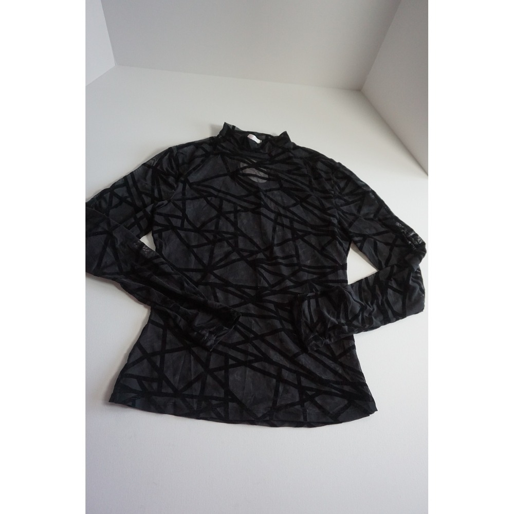 Avidlove Women Black Sheer Mesh Geometric Velvet Burnout Mock Neck Top NWT L - Picture 2 of 13